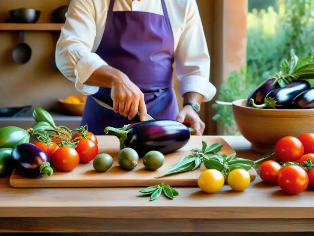 Un chef prepara Caponata siciliana receta tradicional en una cocina rústica con ingredientes frescos