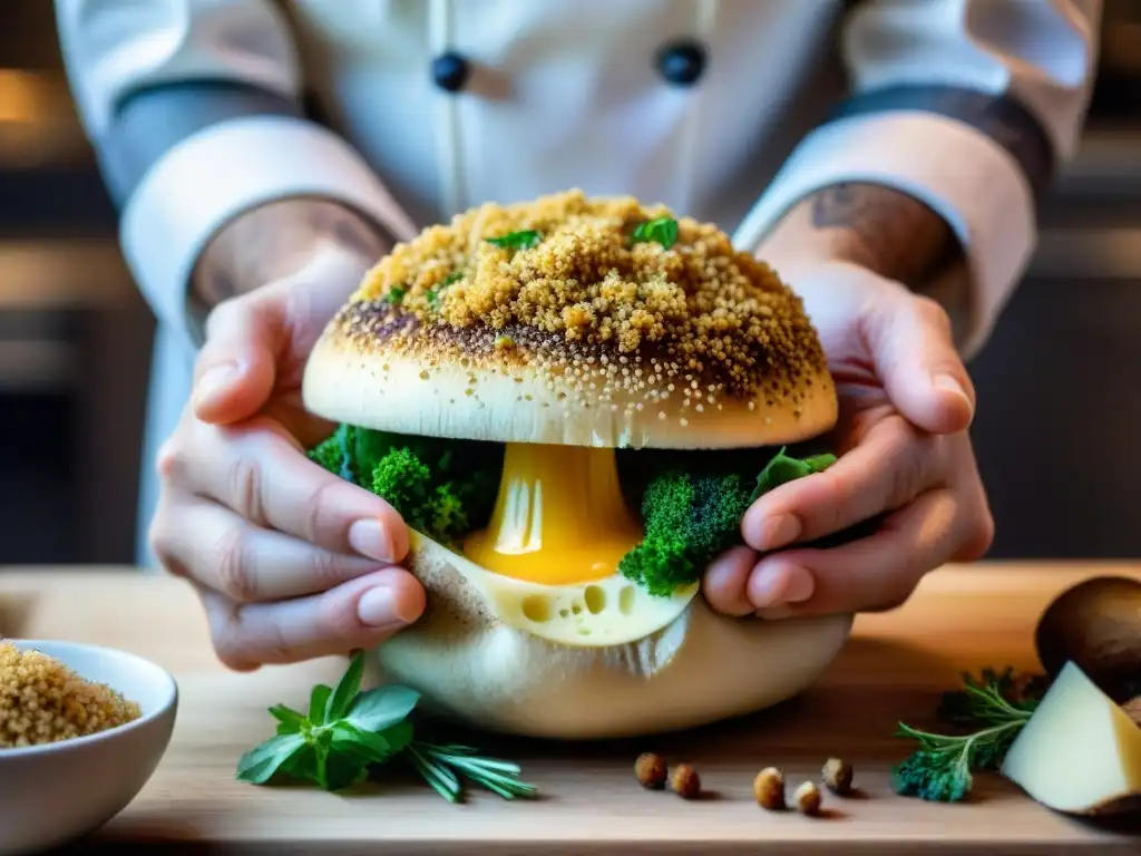 Un chef rellena expertamente un champiñón con una mezcla de pan rallado, hierbas y queso