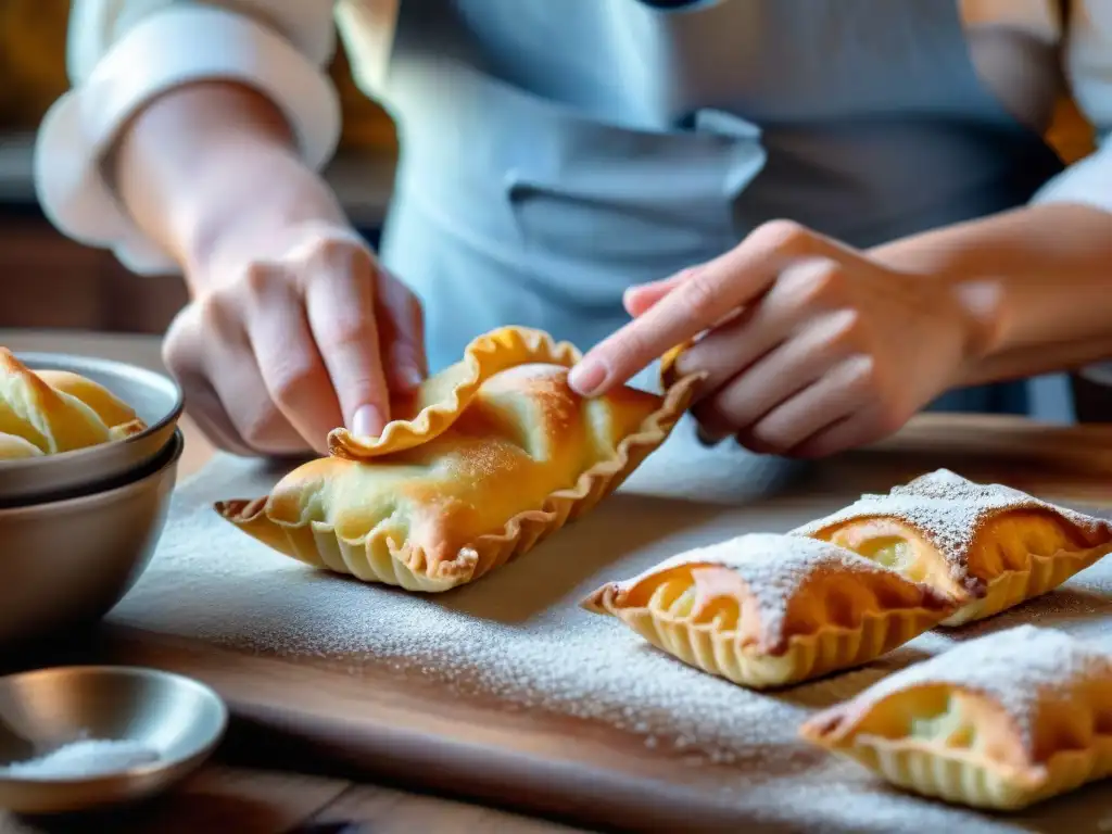 Un chef hábil moldea Chiacchiere en una cocina rústica