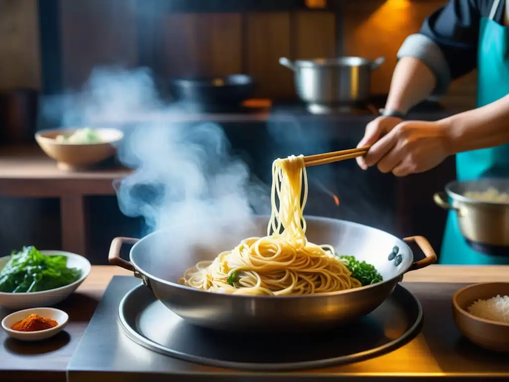 Un chef chino experto prepara fideos a mano en una cocina tradicional, mostrando la técnica y arte de la elaboración