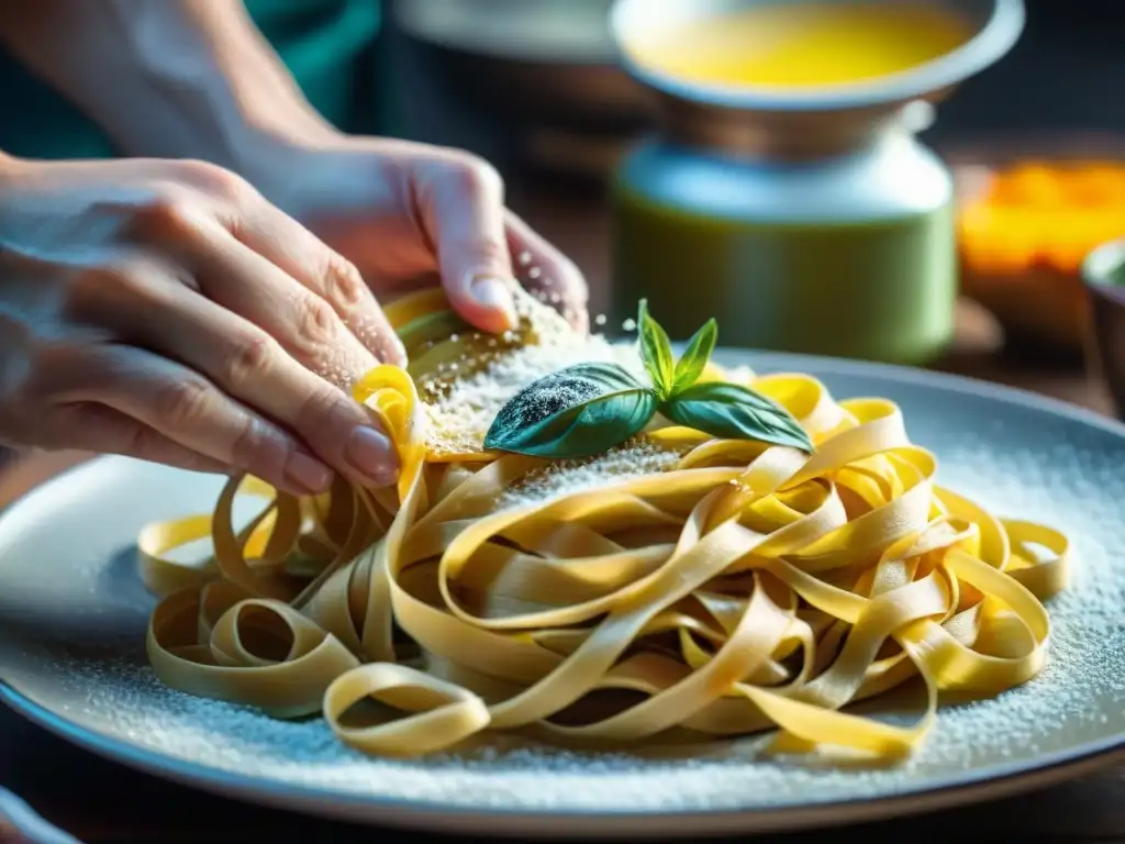 Un chef hábil prepara tagliatelle casera, fusionando cocina italiana y arte en un plato tradicional