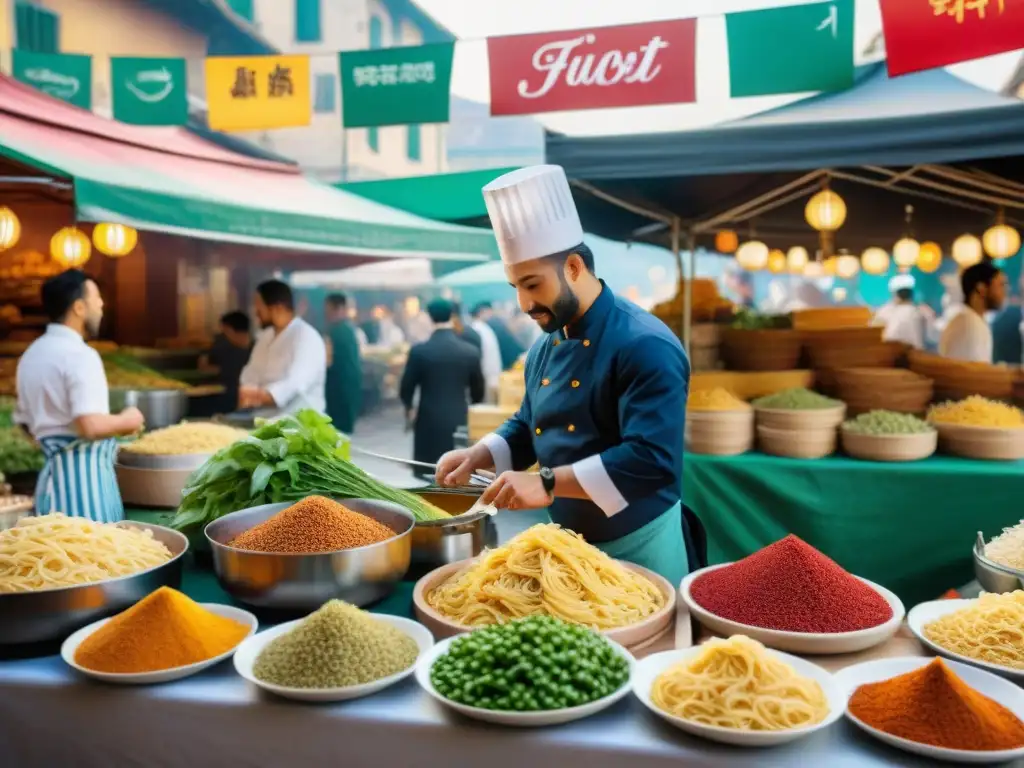 Chef fusionando cocina italiana y asiática en mercado al aire libre