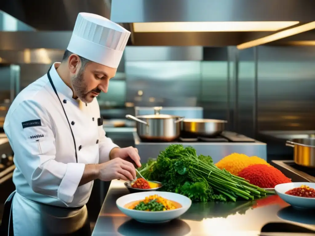 Chef Heinz Beck creando una obra maestra culinaria en su restaurante estrellado Michelin Chef Heinz Beck elaborando una cocina italiana moderna en su famoso restaurante con estrella Michelin
