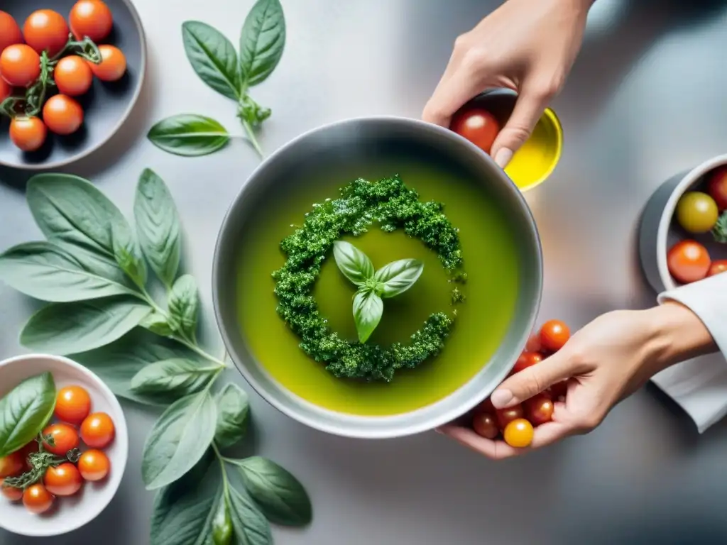 Chef experto fusiona sabores italianos en cocina moderna Un chef hábil en una cocina italiana moderna creando una salsa de tomate con aceite de albahaca