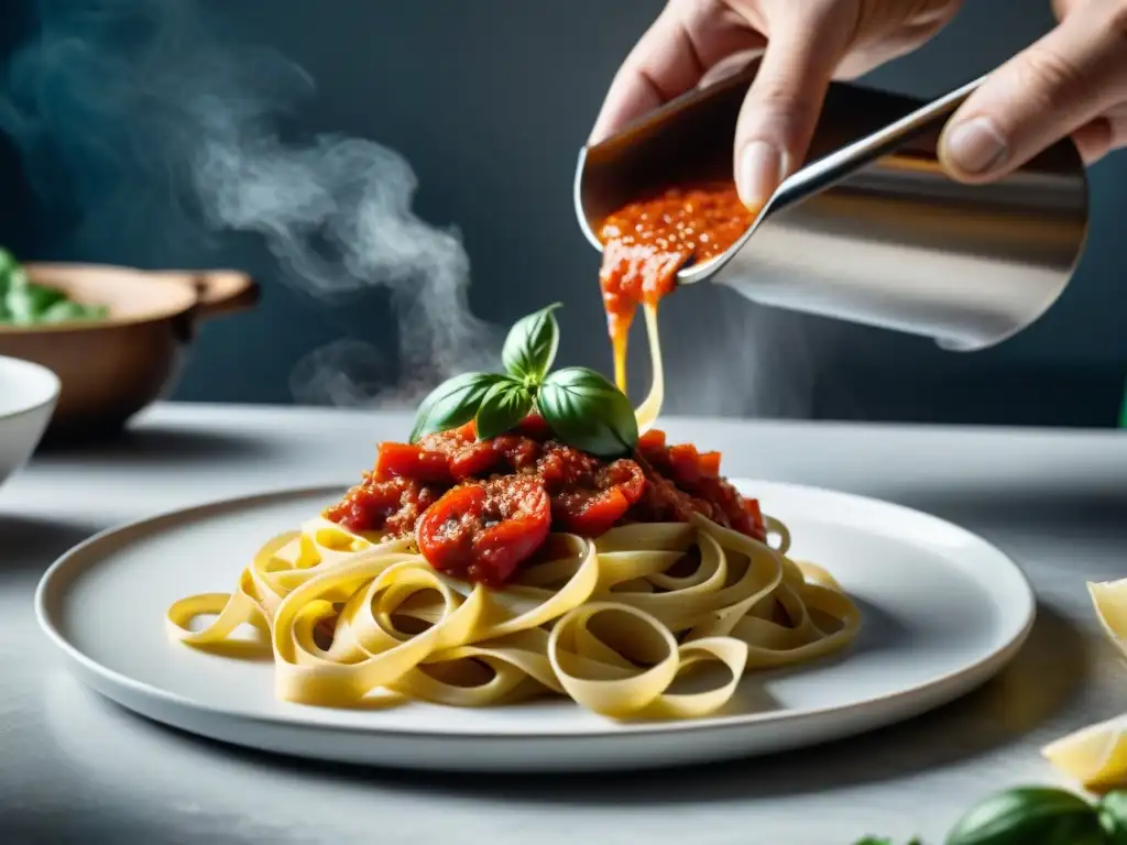 Chef moderno creando salsa de tomate con estilo Un chef hábil en una cocina italiana moderna, aplicando técnicas de cocina italiana modernas al preparar una salsa de tomate sobre pasta casera