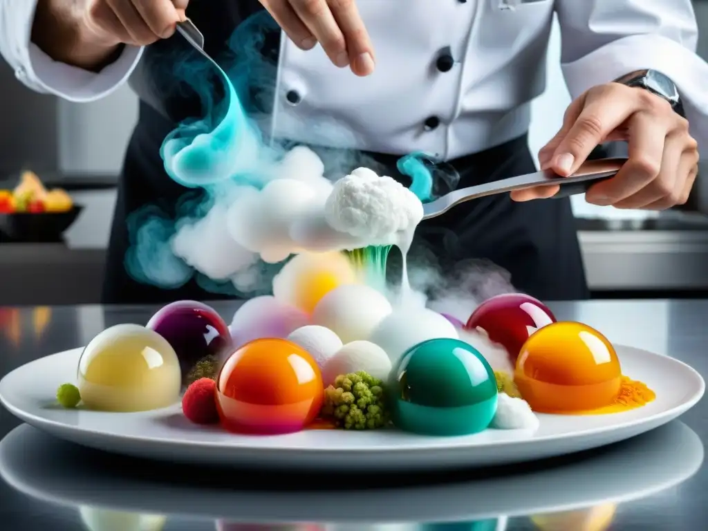 Un chef en cocina italiana moderna alquímica crea plato vistoso con esferas de colores y nitrógeno