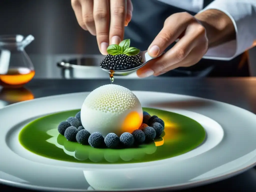 Un chef de cocina molecular italiana crea un plato increíble en una cocina moderna con técnicas avanzadas