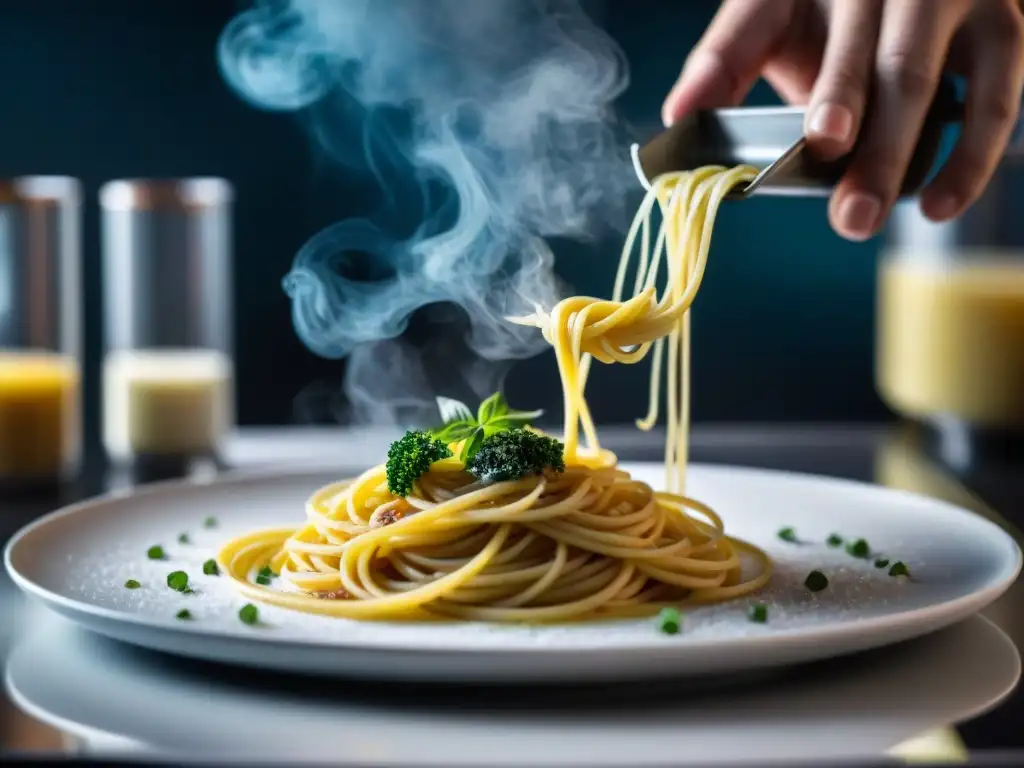 Chef innovando en cocina italiana con técnicas moleculares al preparar un sorprendente plato de espaguetis carbonara