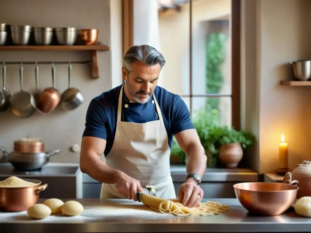 Un chef hábil en una cocina italiana tradicional, creando pasta a mano con intensa concentración