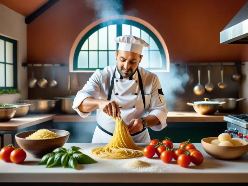 Un chef hábil en una cocina italiana tradicional, creando pasta a mano con ingredientes clásicos como tomates, albahaca y ajo