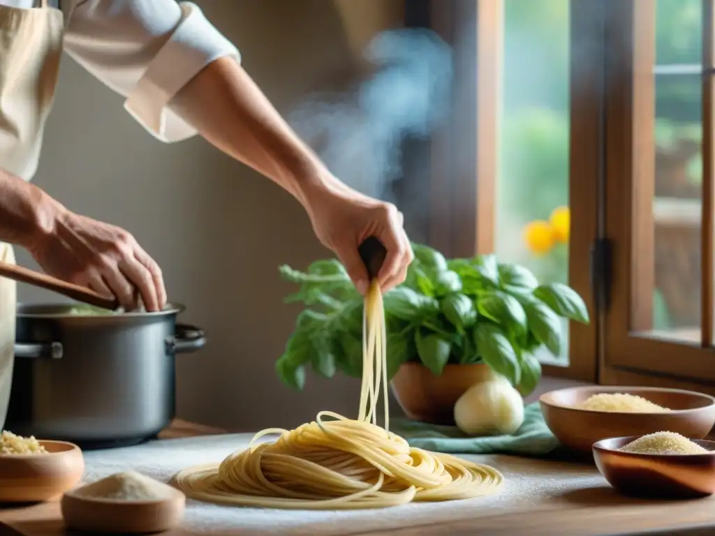 Un chef hábil en una cocina italiana tradicional sin gluten, amasando pasta con destreza en un ambiente cálido y acogedor