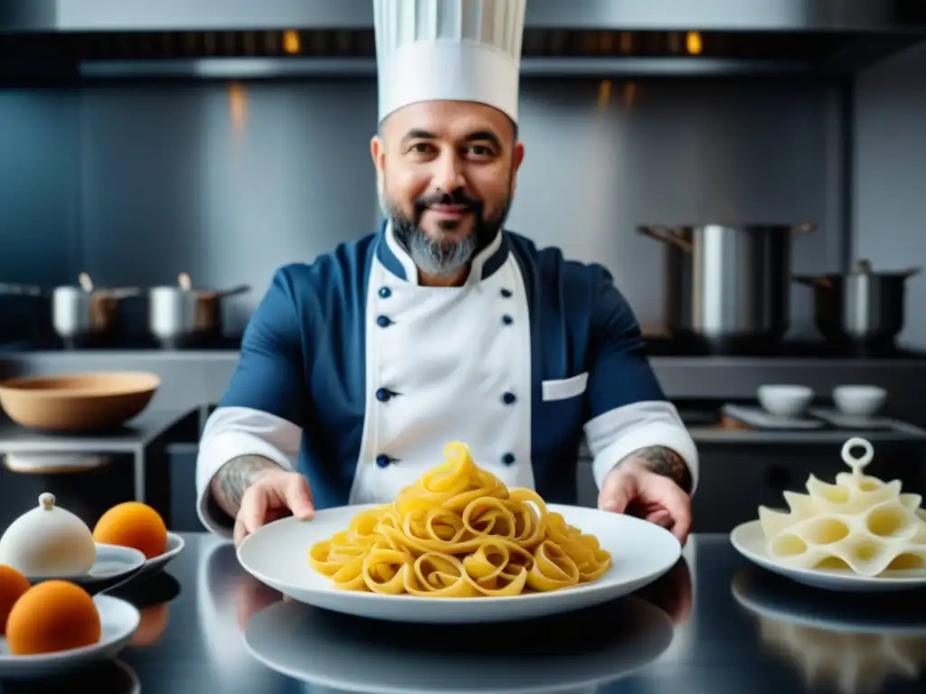 Chef en cocina moderna con pasta italiana de impresión 3D, mostrando innovación culinaria