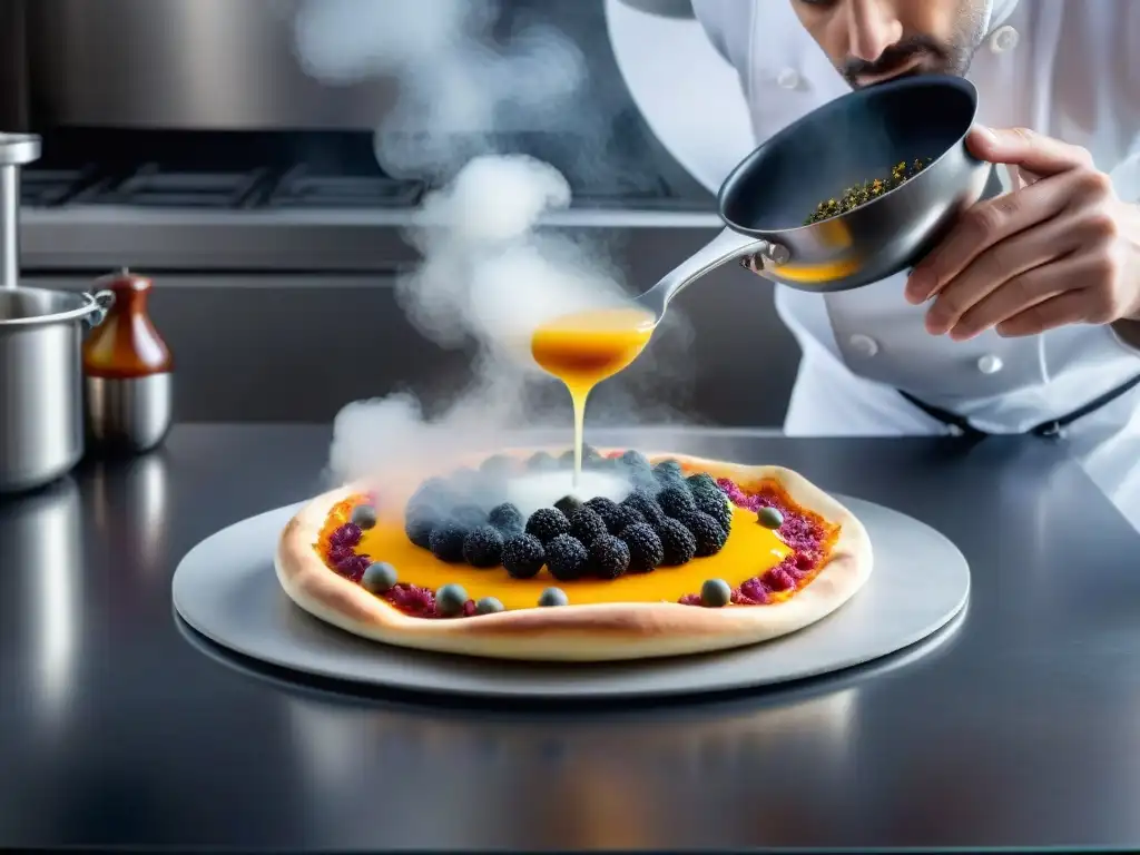 Un chef de cocina molecular transformando pizza italiana en laboratorio moderno