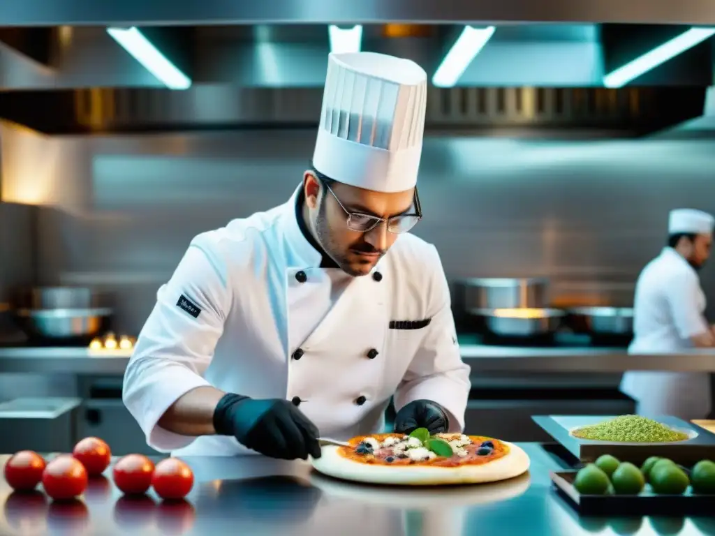 Chef de cocina molecular transformando pizza italiana en laboratorio gastronómico moderno