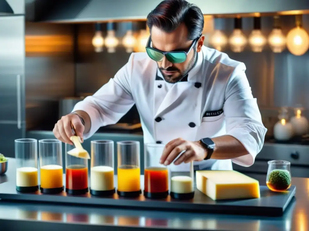 Un chef de cocina molecular crea un plato con queso italiano, rodeado de instrumentos científicos en un laboratorio culinario moderno