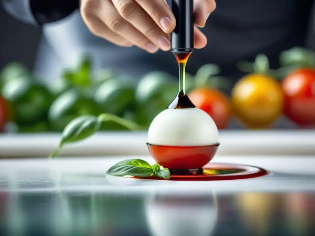 Un chef de cocina molecular en platos italianos crea esferas de vinagre balsámico para una caprese moderna