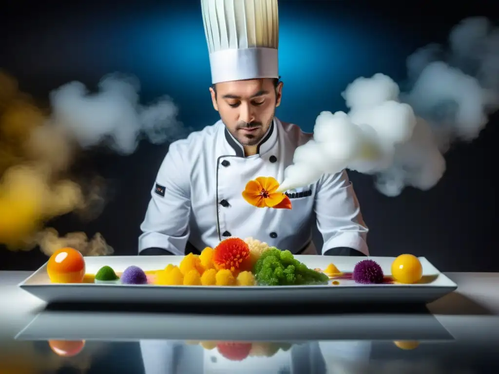 Chef de cocina molecular en postres italianos reinventando con precisión, rodeado de ingredientes exóticos y coloridos