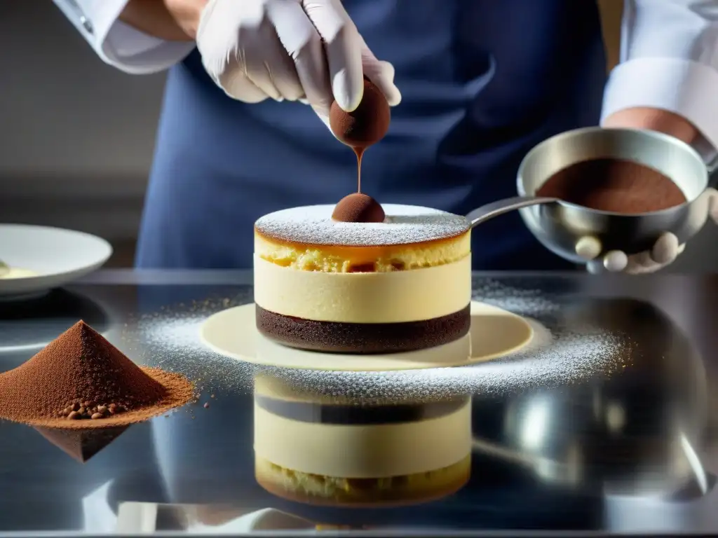 Un chef de cocina molecular en postres italianos prepara un innovador tiramisú en laboratorio de alta tecnología