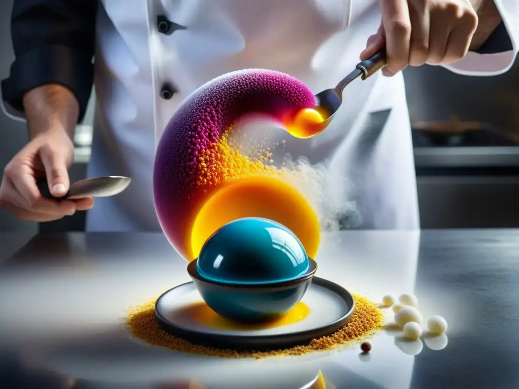 Un chef en acción fusionando cocina molecular con técnicas tradicionales