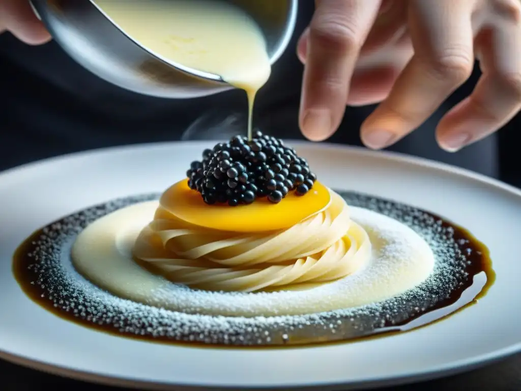 Chef de cocina molecular creando texturas innovadoras en plato italiano: caviar de vinagre balsámico y espuma de albahaca