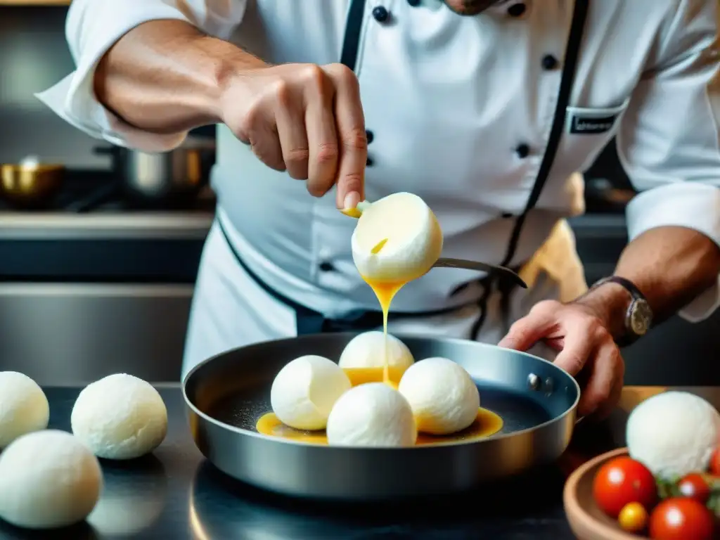 Chef en cocina vanguardia de Campania moldeando mozzarella fresca, evolución mozzarella cocina vanguardia Campania