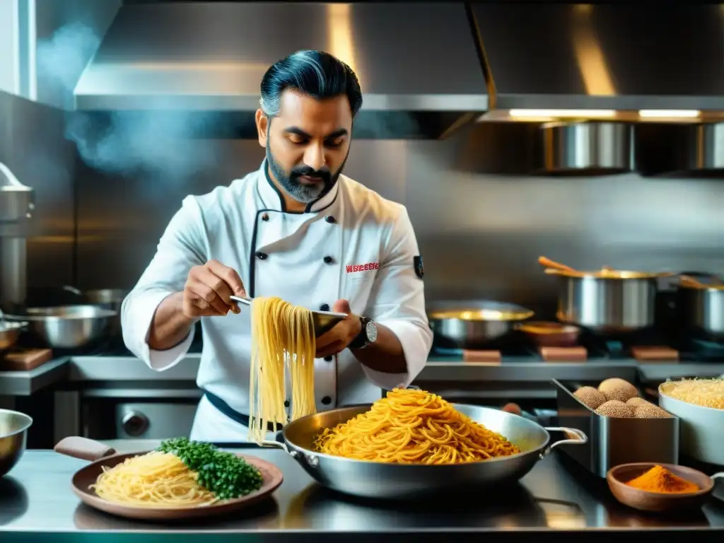 Un chef indio hábil cocina pasta en wok tradicional rodeado de especias aromáticas