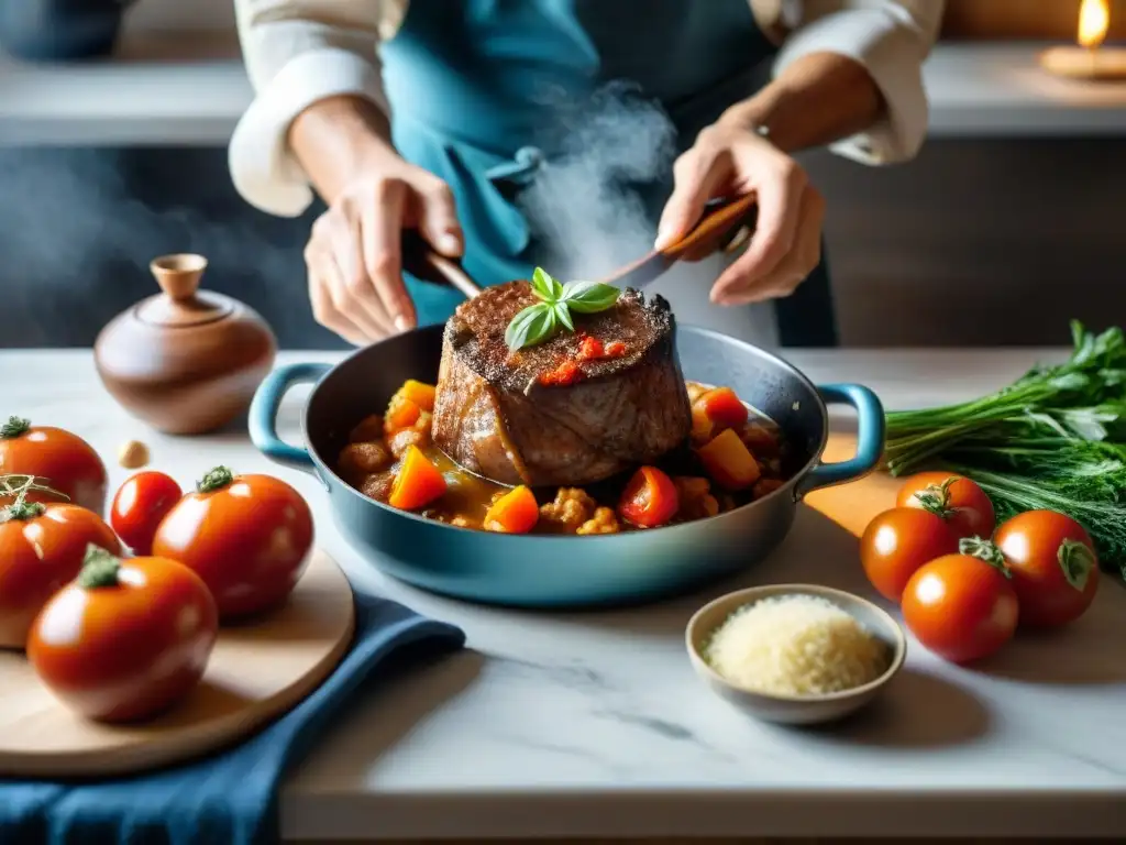 Chef preparando Osso Buco en cocina rústica con ingredientes tradicionales