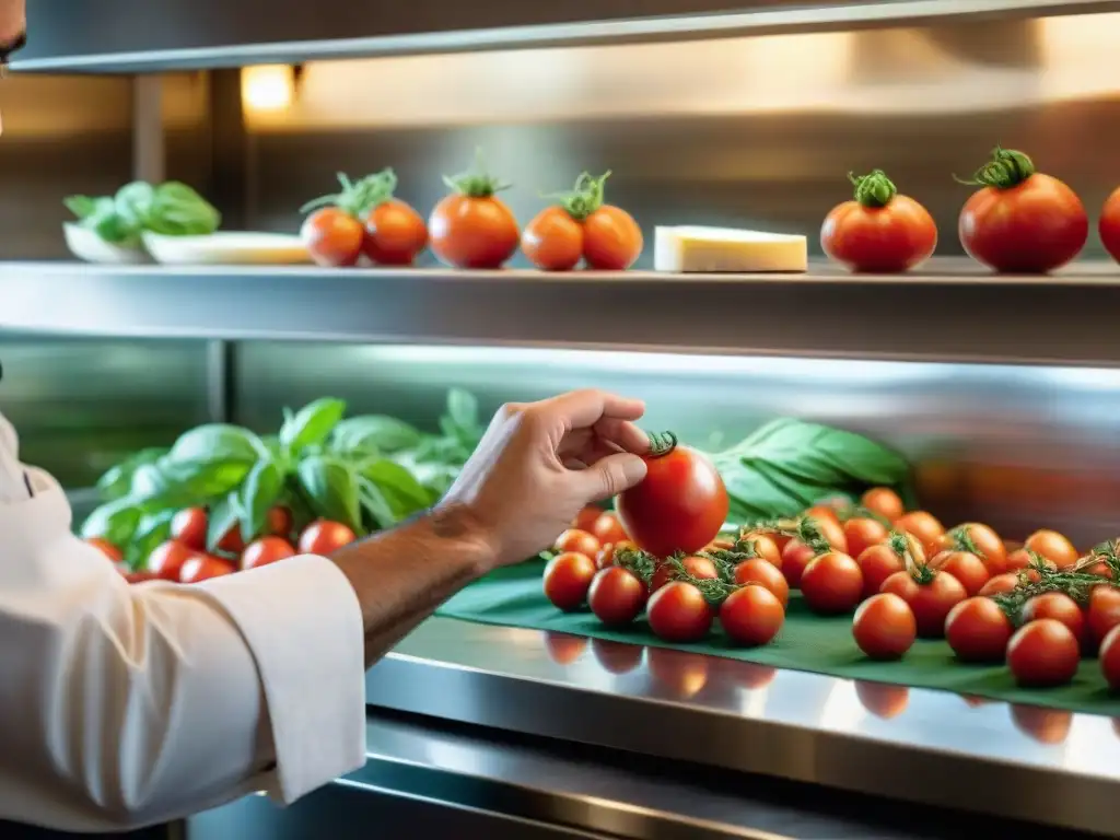 Un chef en cocina tradicional italiana selecciona ingredientes frescos, practicando prácticas sostenibles en restaurantes italianos