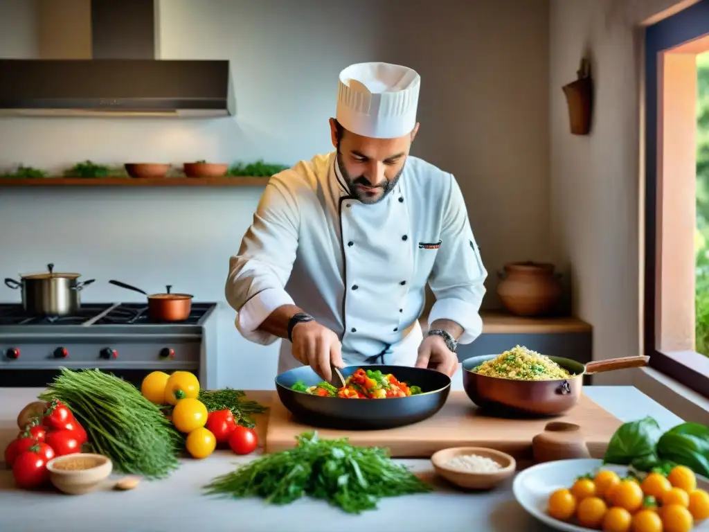 Un chef en una cocina tradicional italiana en Elba prepara un plato fusión con mariscos frescos y hierbas aromáticas