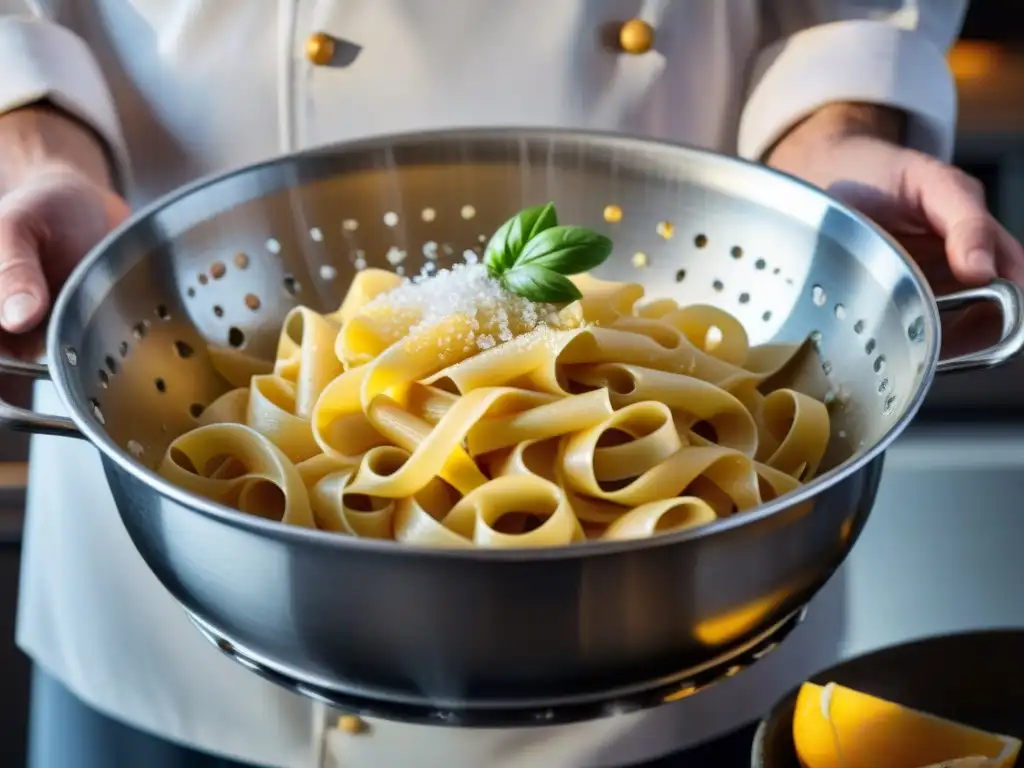 Un chef sostiene un colador con pasta al dente, vapor y gotas de agua