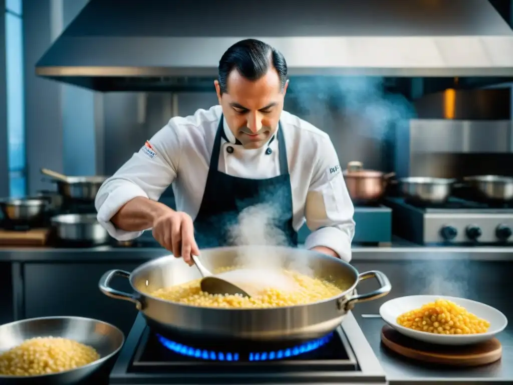 Chef concentrado removiendo risotto en bulliciosa cocina italiana