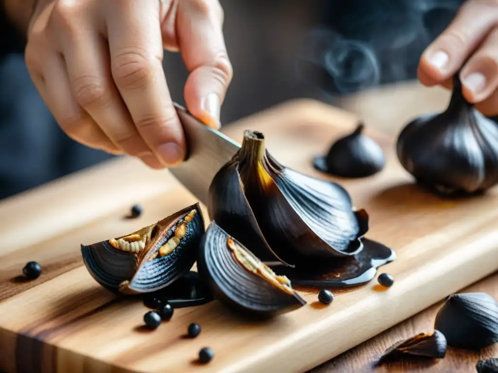 Un chef corta ajo negro con destreza en una tabla de madera