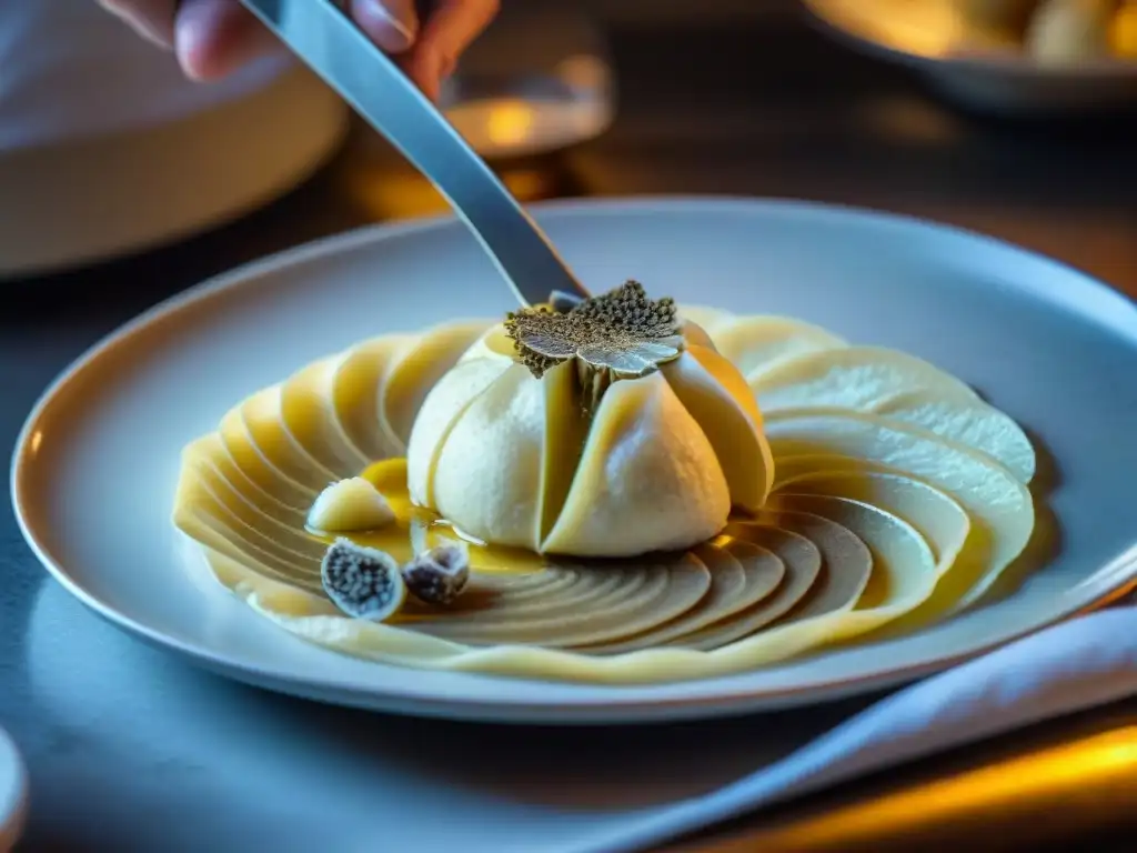 Un chef hábil corta finas láminas de trufa blanca sobre un plato gourmet en cocina de alta gama