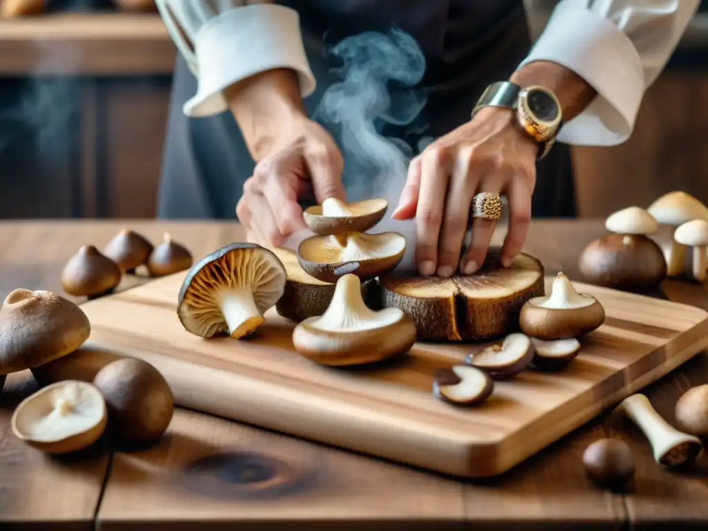 Un chef corta delicadamente setas shiitake frescas en tabla de madera, creando una auténtica escena culinaria italiana