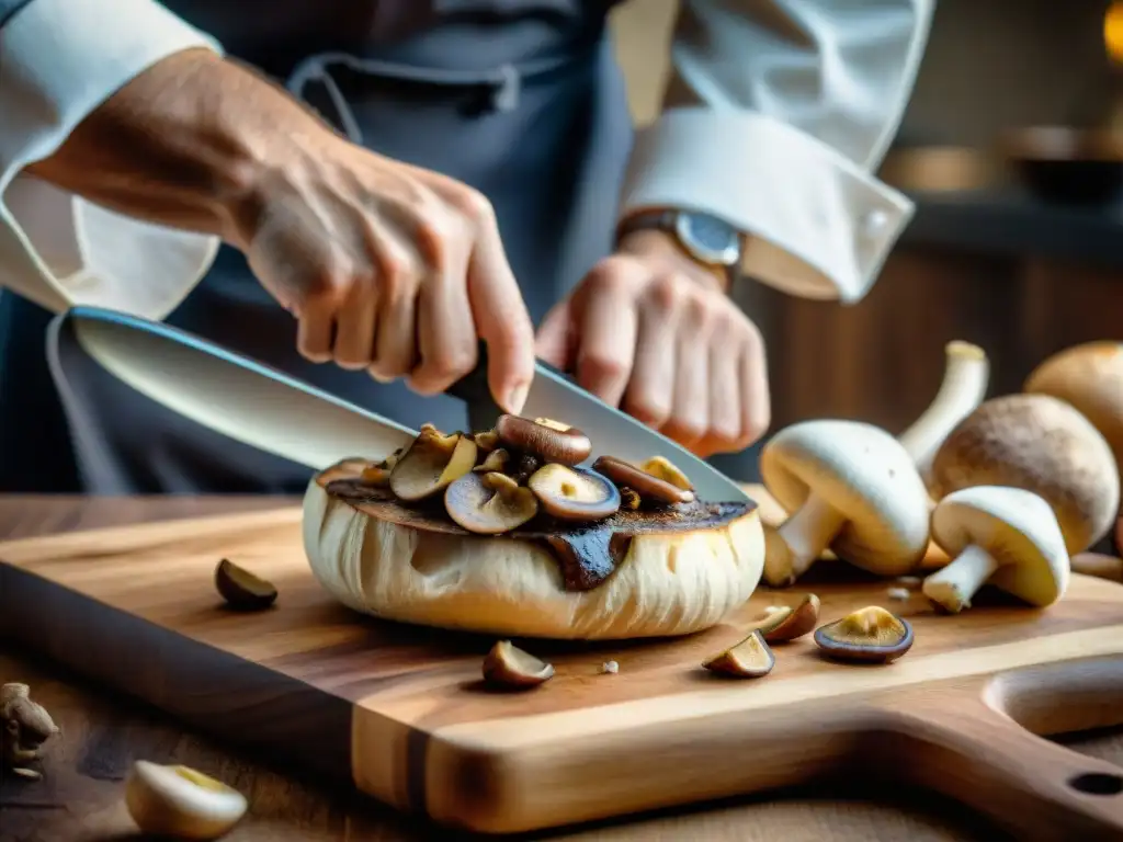 Un chef corta con maestría setas Porcini DOP en una tabla de madera, en una escena culinaria que captura la esencia de la cocina italiana