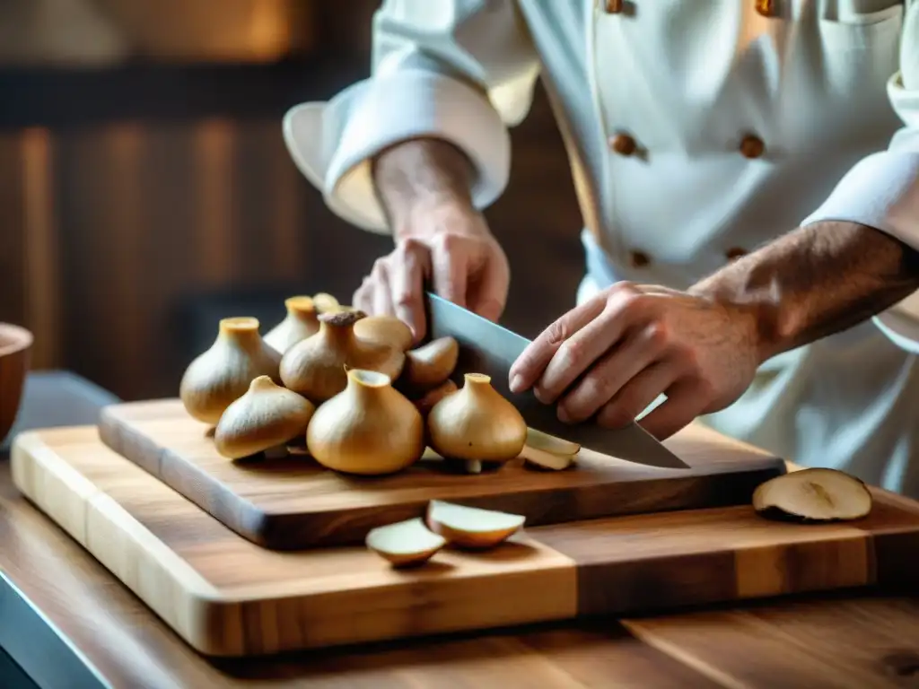 Un chef corta delicadamente Setas Porcini DOP en tabla de madera con luz suave filtrándose por la ventana, cocina italiana