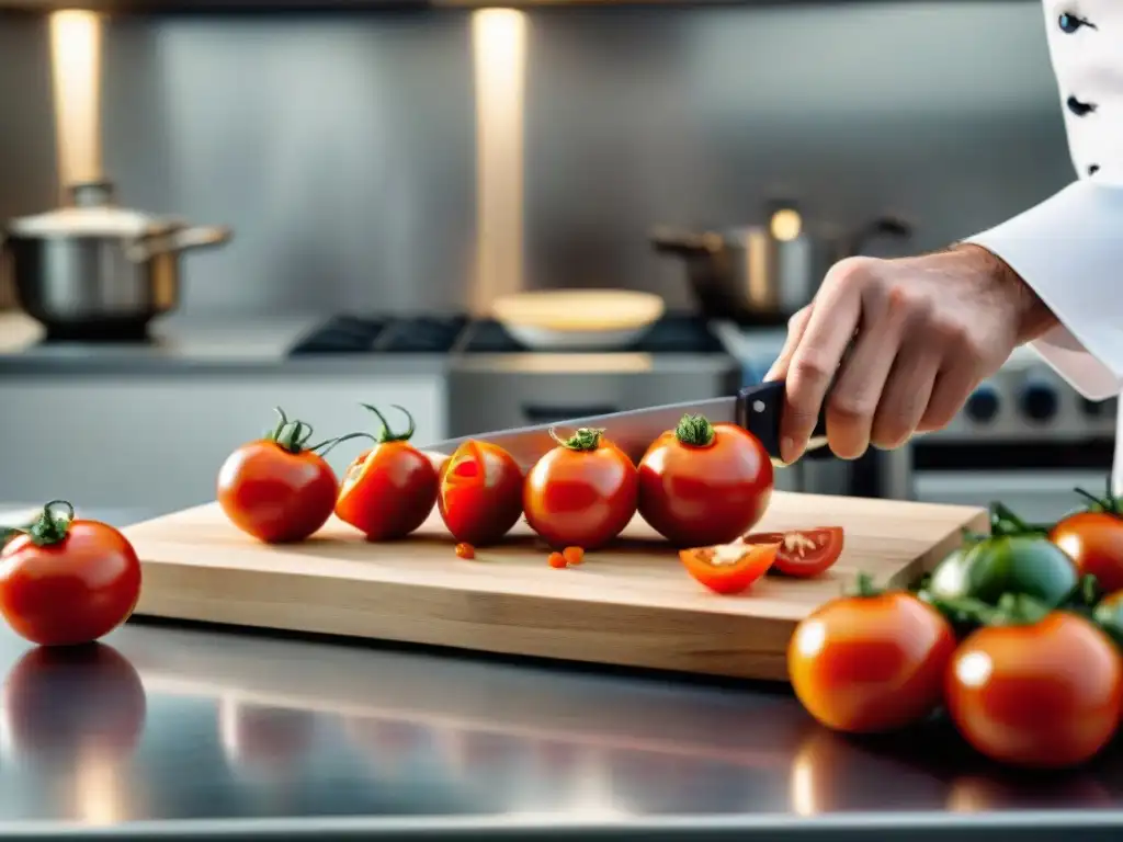 El chef corta tomate con elegante cuchillo italiano