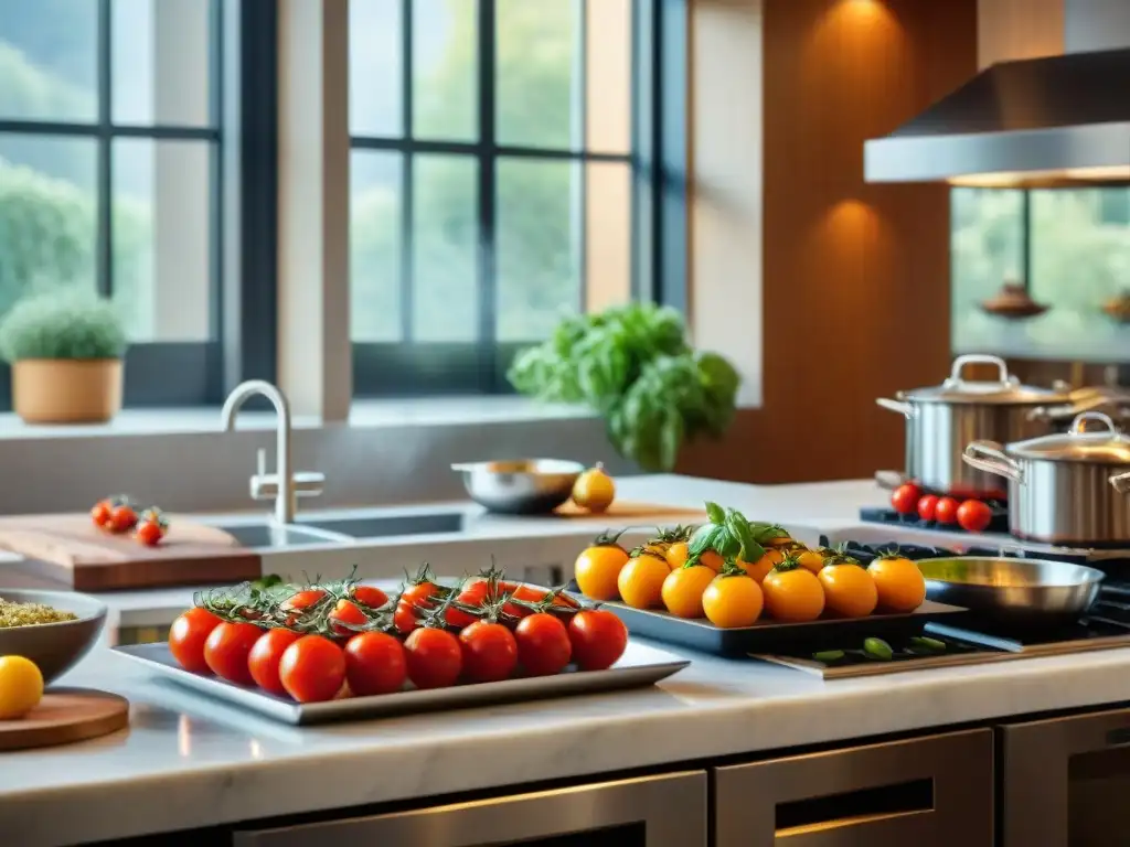 Un chef corta tomates con destreza en una cocina moderna y luminosa, creando una atmósfera cálida y auténtica de cocina italiana