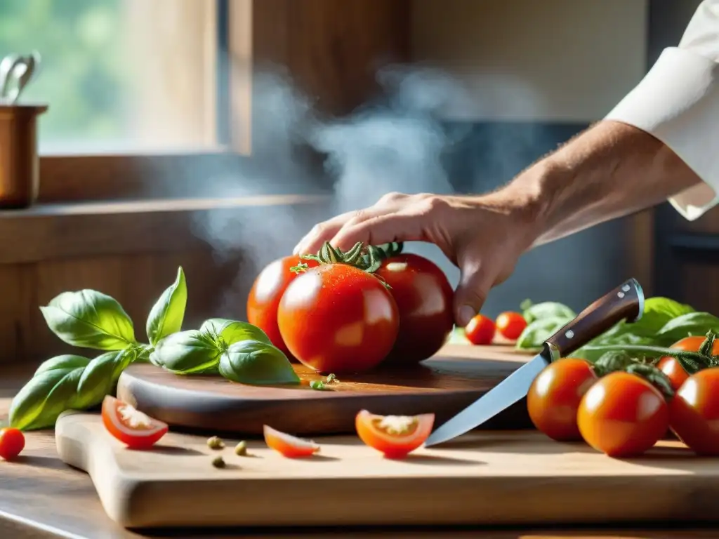 Un chef corta tomates rojos para una receta auténtica bruschetta italiana en una cocina tradicional