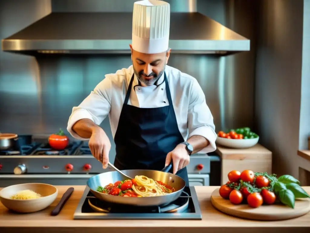 Un chef creativo reinventando la cocina italiana tradicional con pasión, rodeado de ingredientes frescos y utensilios rústicos