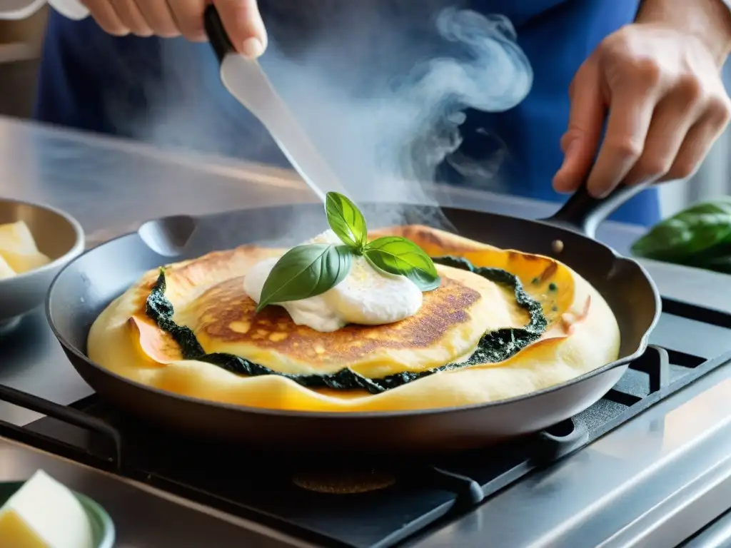 Un chef hábil prepara crespelle alla fiorentina en una sartén, mostrando el dorado perfecto