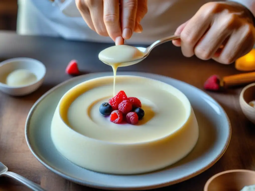 Un chef vierte con cuidado la mezcla en moldes, creando Panna Cotta en una cocina rústica