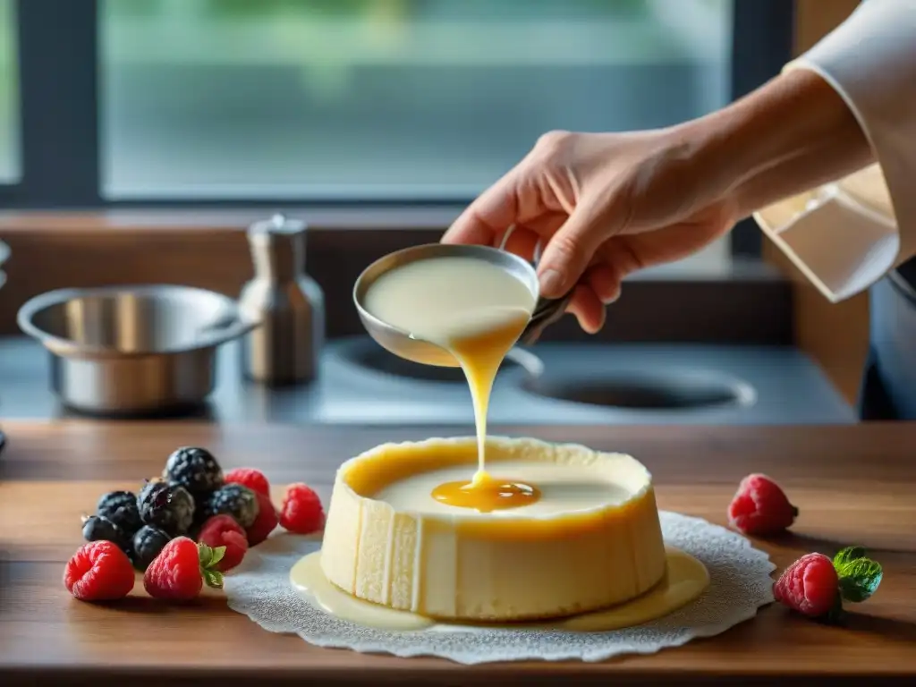 El chef vierte con cuidado la mezcla de pannacotta casero en moldes individuales, en una cocina rústica con ingredientes frescos y utensilios vintage