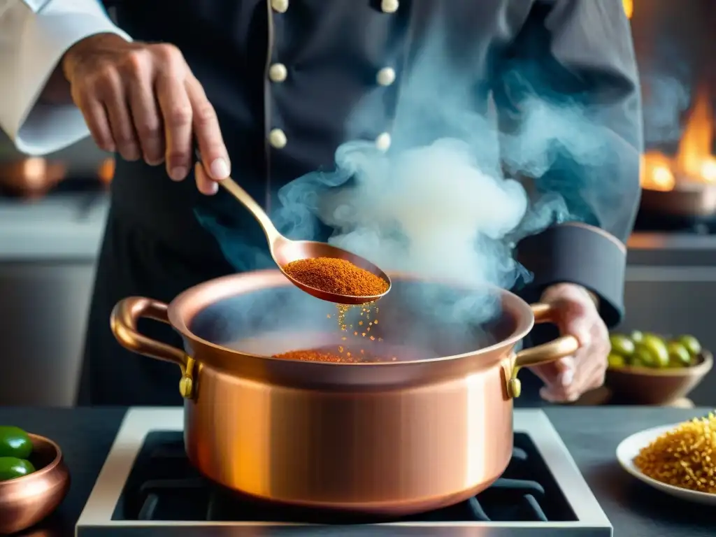 Un chef sazona con cuidado una olla de cobre italiana, destacando la artesanía y técnicas tradicionales de los platos icónicos cocina italiana