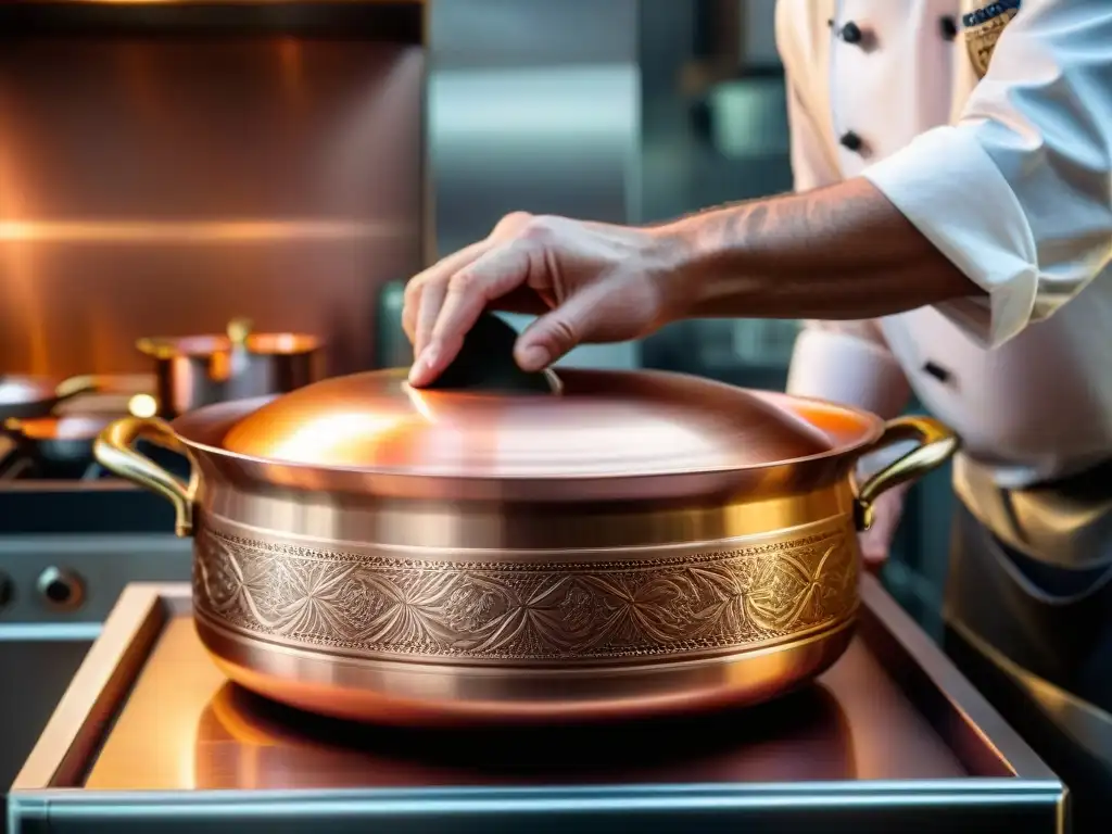 Un chef cuidadoso y preciso puliendo una olla de cobre italiana