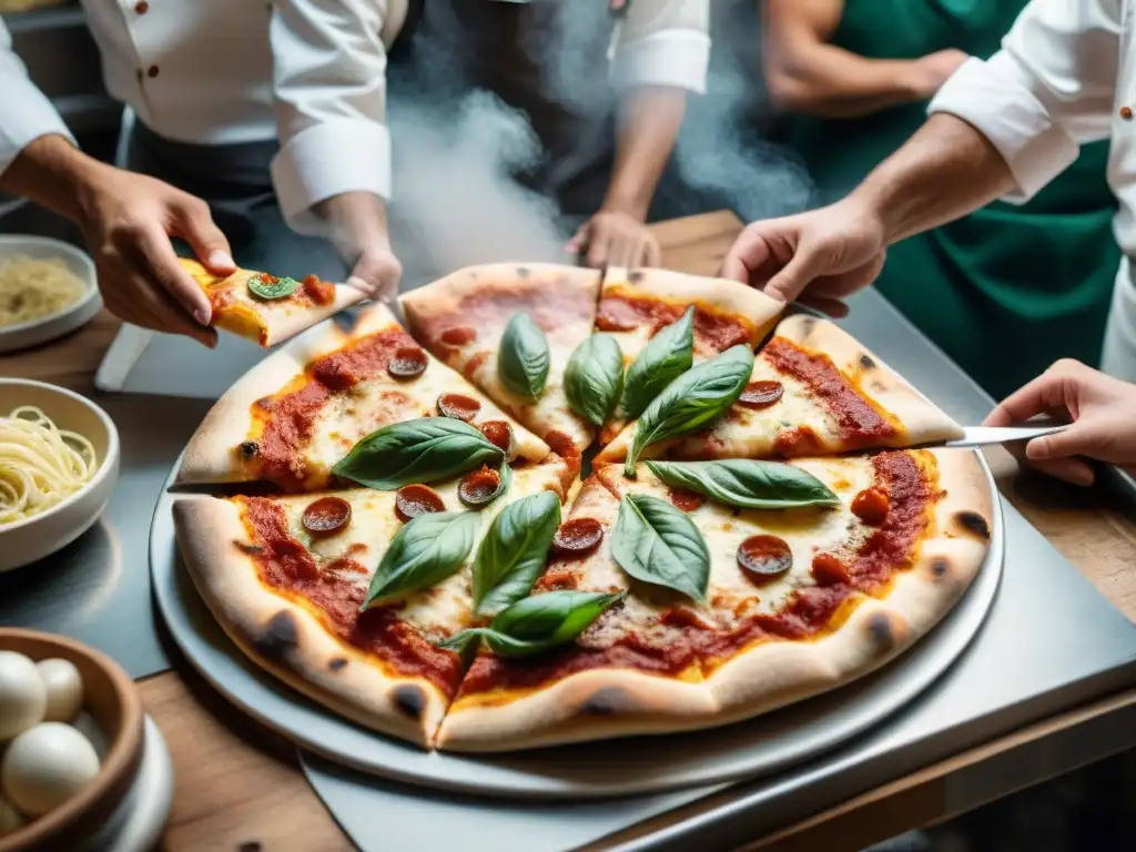 Chef de diferentes culturas preparan pizzas en una bulliciosa pizzería de Nueva York, reflejando la historia evolución pizza multicultural