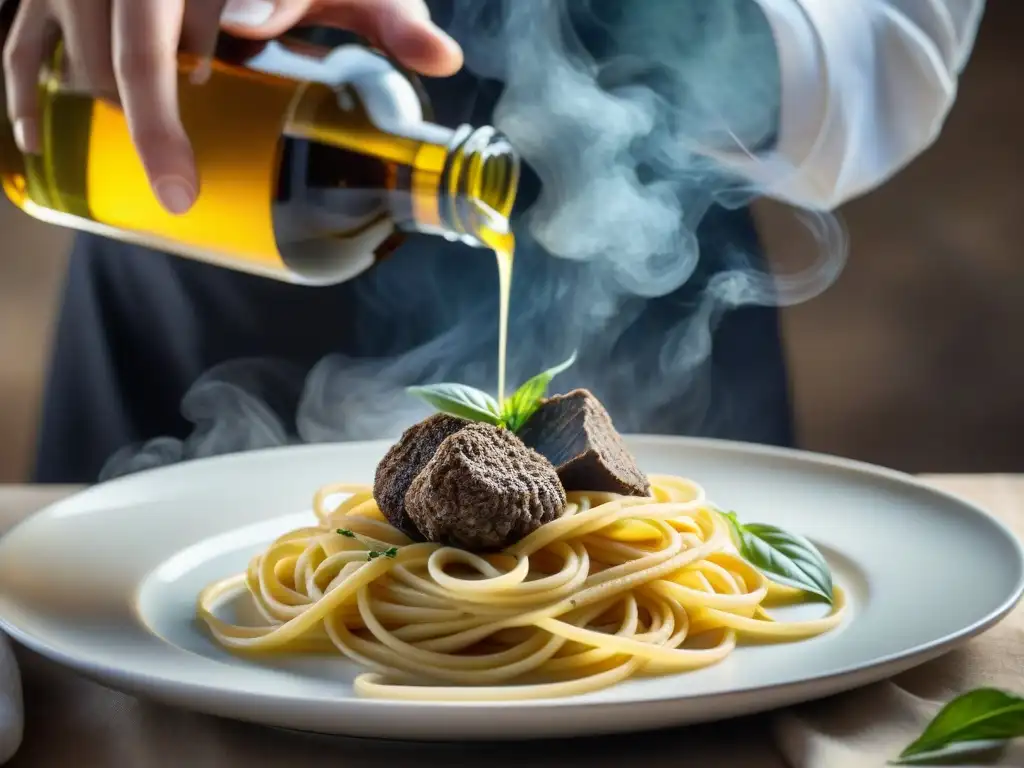 Un chef rocía delicadamente aceite de trufa sobre pasta caliente, creando una escena gourmet de cocina italiana