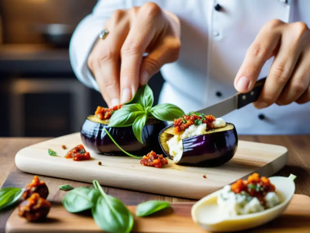 Un chef enrolla con delicadeza una berenjena rellena de ricotta, albahaca y tomates secos