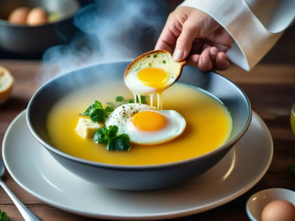 Un chef preparando con delicadeza Sopa italiana Stracciatella receta tradicional