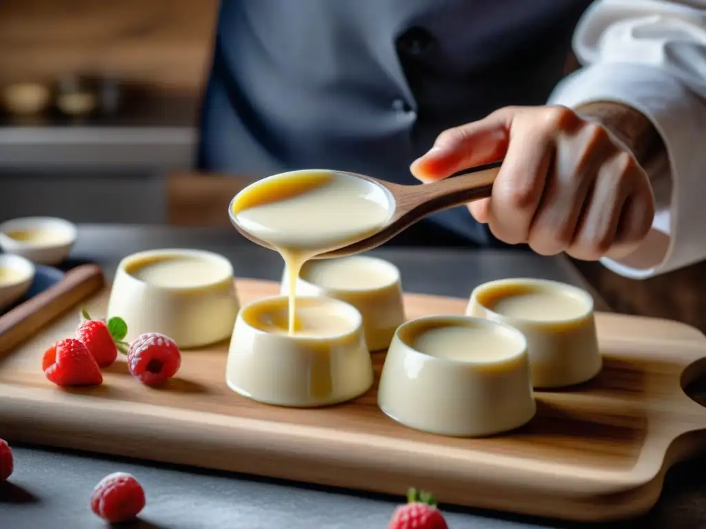 El chef vierte con delicadeza la mezcla cremosa en moldes individuales, destacando la textura suave de la Pannacotta casera